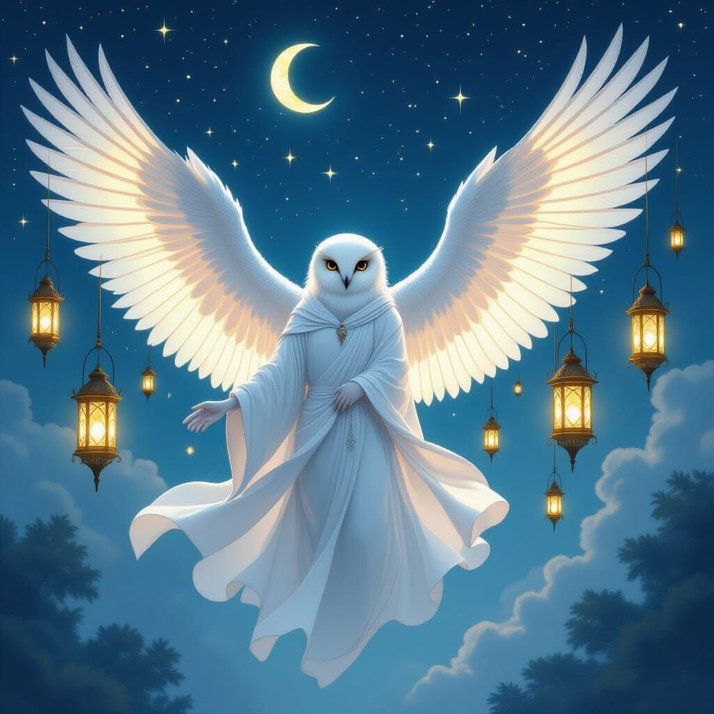 Owl Spirit with Night Scenes in Dreamlike Fantasy Style