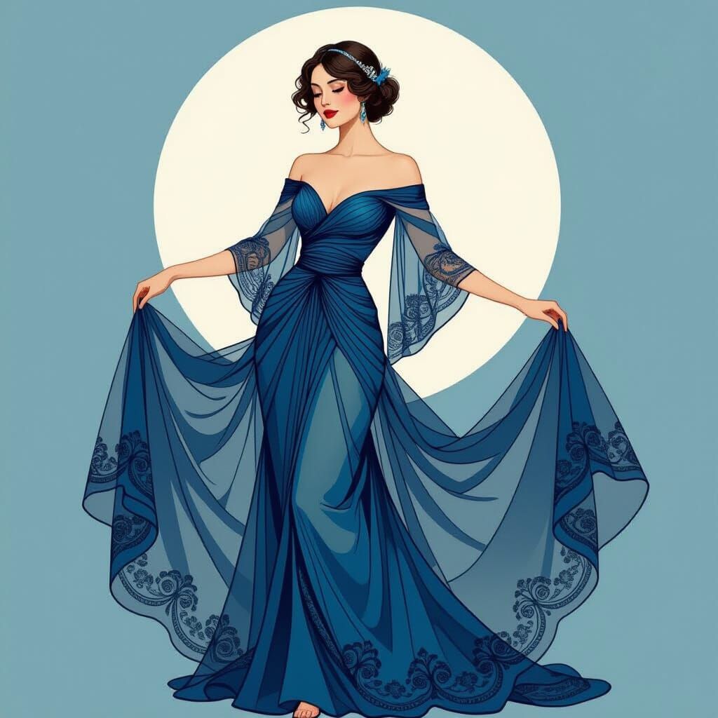 Elegant Woman in Flowing Dress, Art Nouveau Style