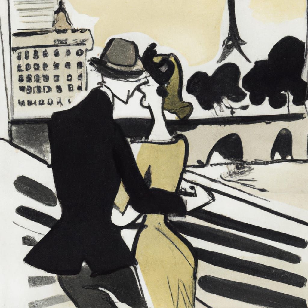 Romantic Couple in Paris, Aquarelle Line Art