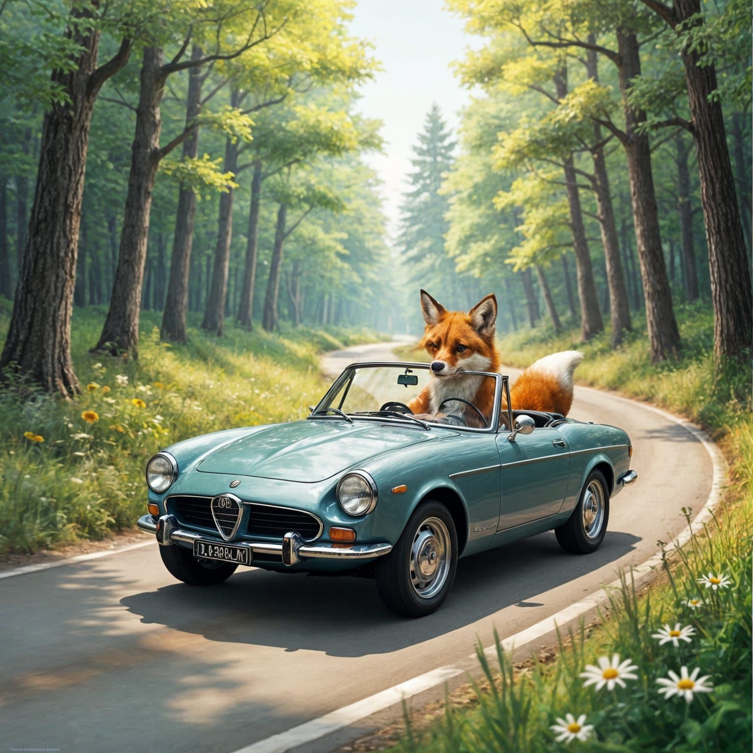 Fox Driving Alfa Romeo Through Forest Road