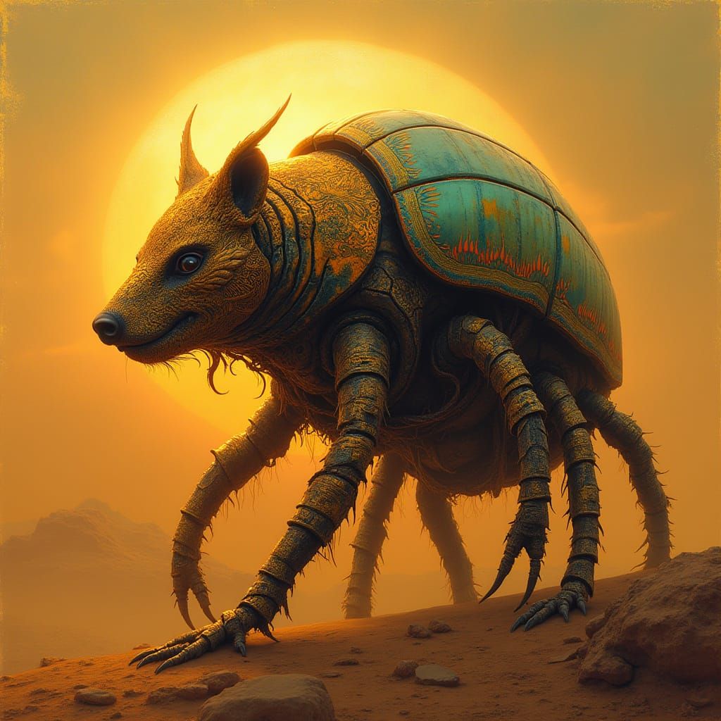 Biomechanical Badger-Scarab Hybrid in Golden Desert Sunset