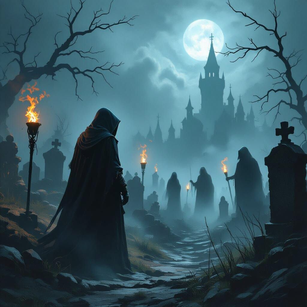 Mysterious Hooded Figure in Misty Graveyard with Pirate Ghos...