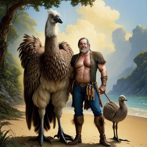 Wizard Farmer Cuddles Emu on Tropical Beach