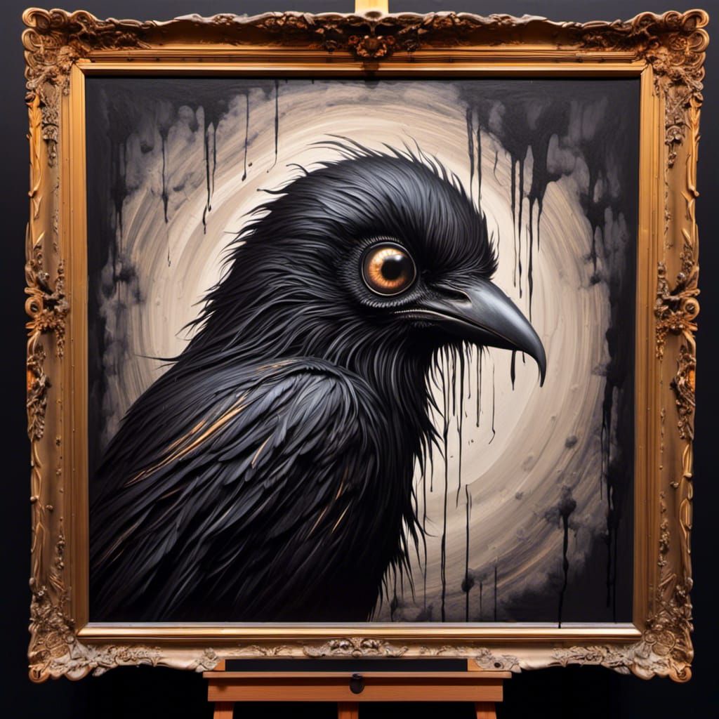 Raven Painting with Golden Highlights in Grunge Style