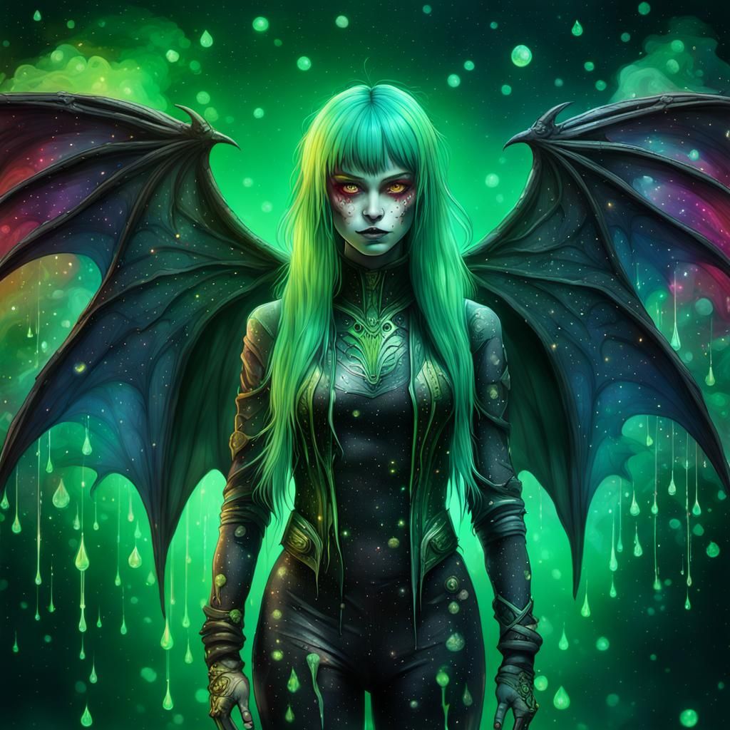 Creepy Cosmic Figure with Rainbow Hair and Bat Wings