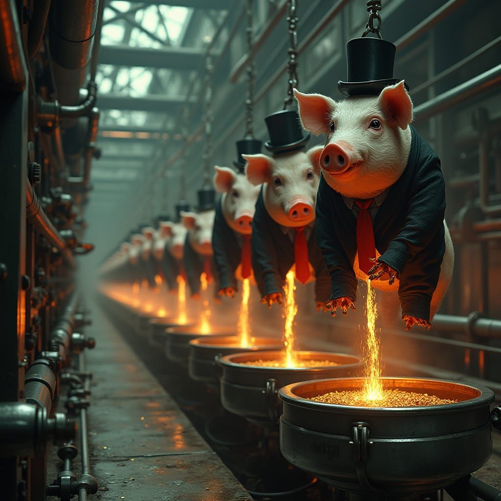 Sci-Fi Gothic Slaughterhouse with Pigs in Banker Suits