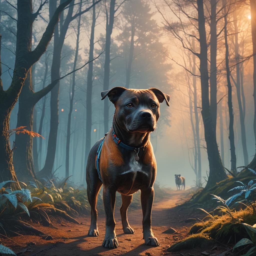 Staffy Dog in Misty Forest: Fantasy Matte Painting