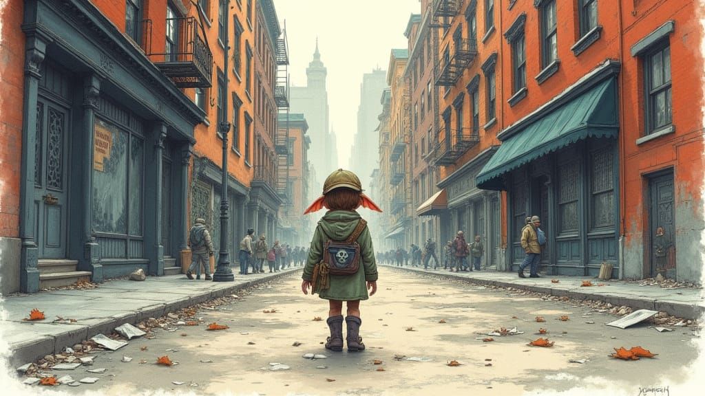 Elf Child in NYC Street, Color Pencil Drawing Style