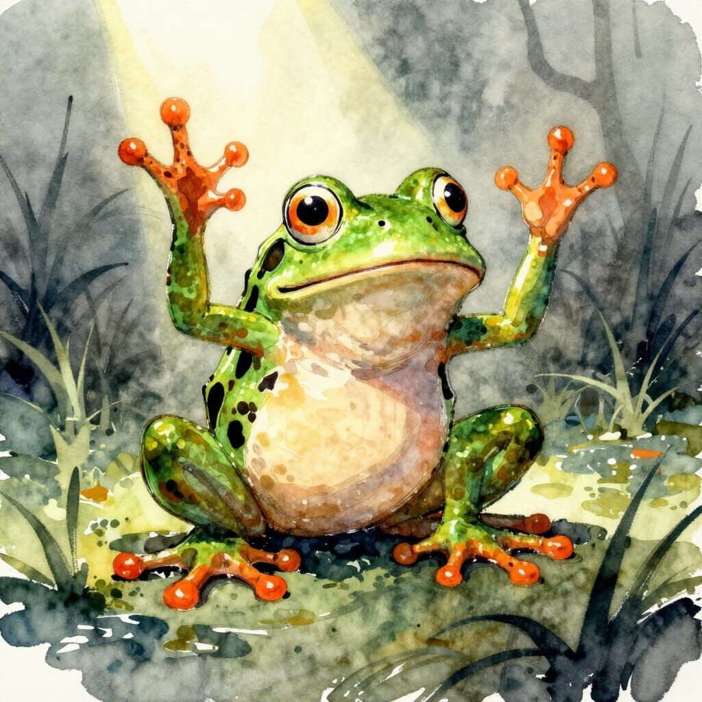 Startled Frog in Spotlight, Expressive Watercolor Style