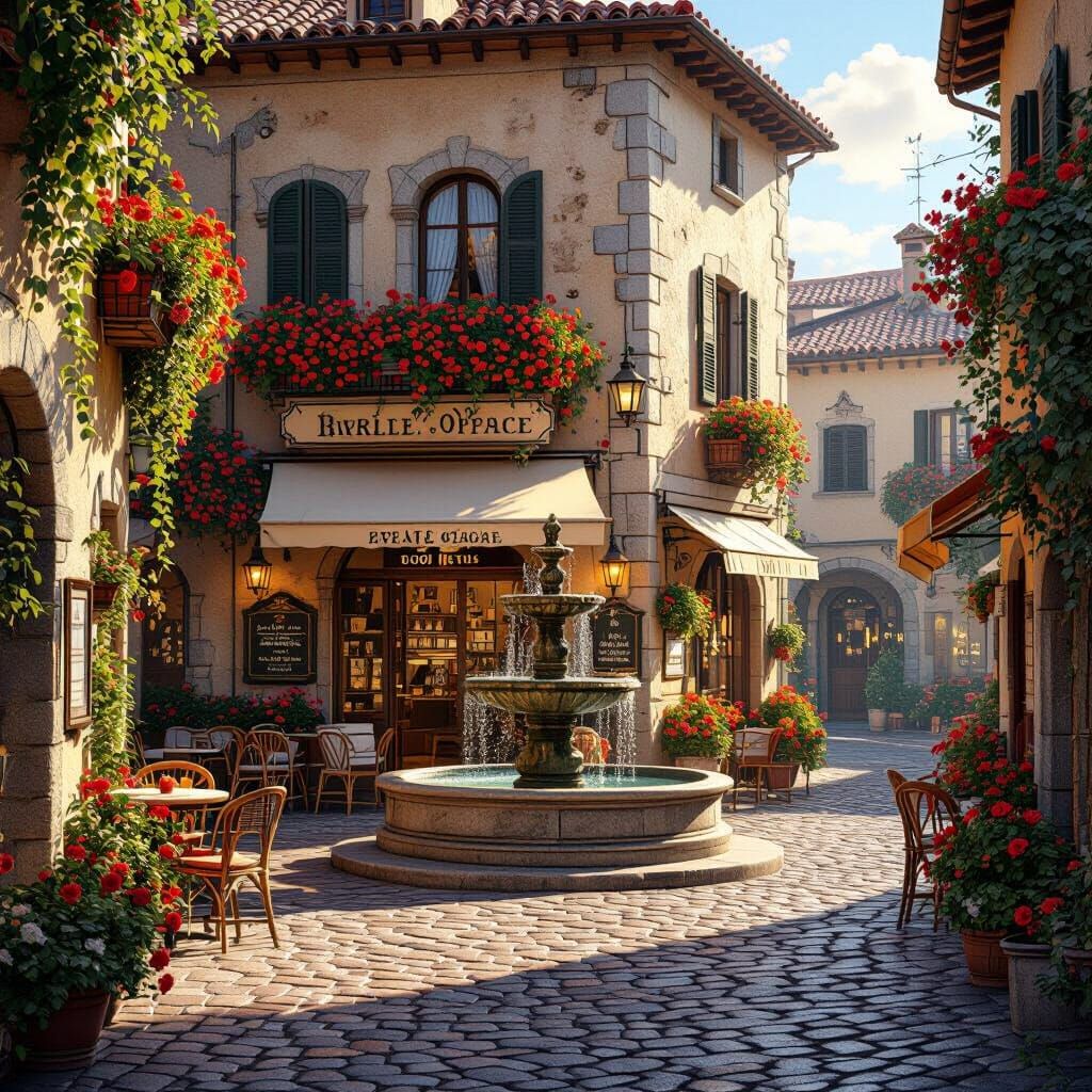 Cozy Italian Piazza with Fountain and Café