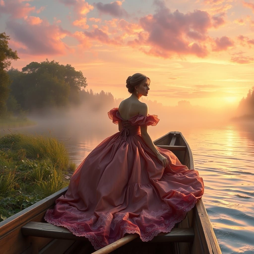 Princess in Victorian Gown on Serene River Bank at Dawn