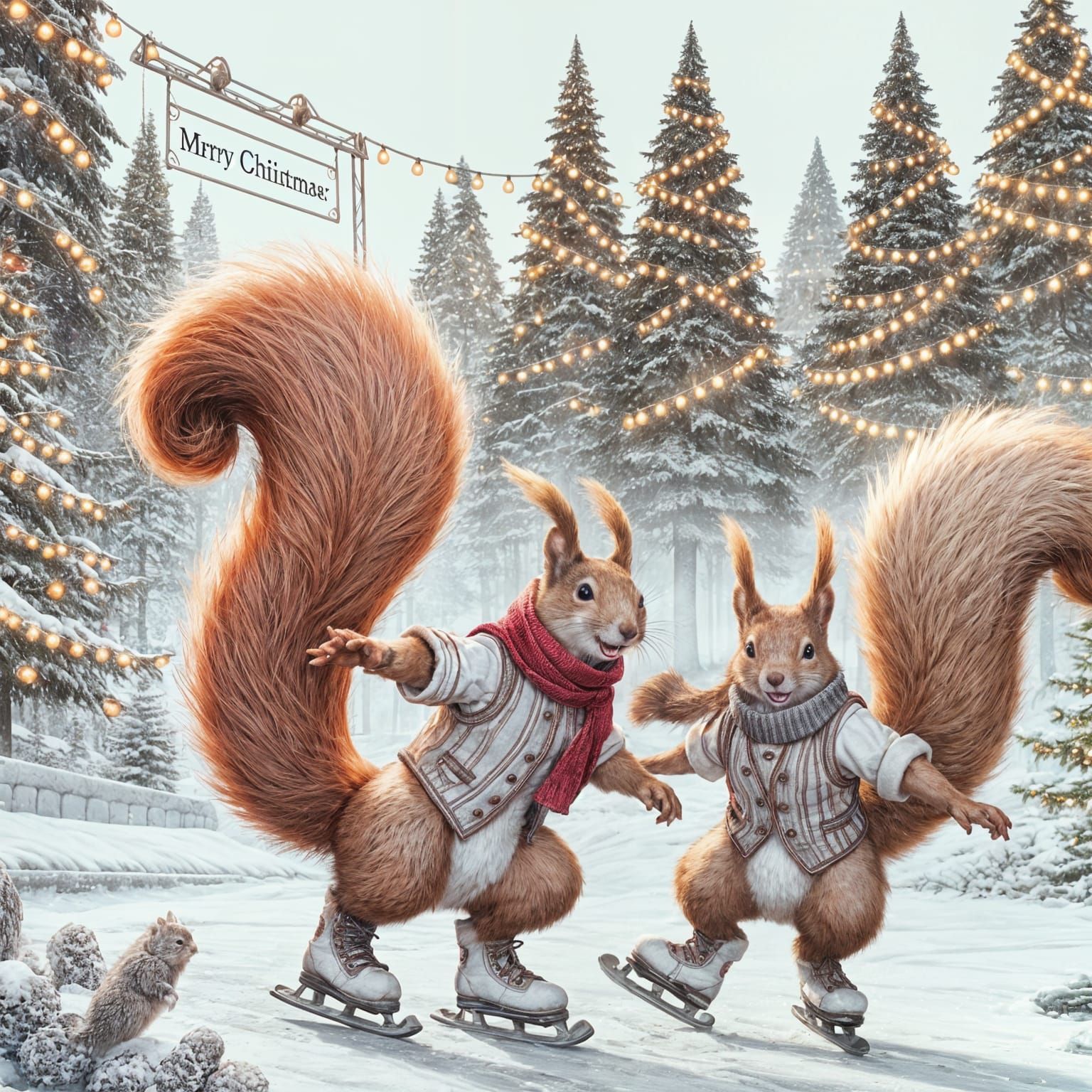 Festive Squirrels Skating on Frozen Lake