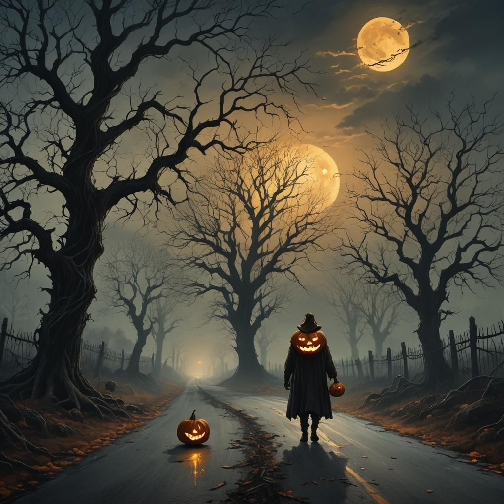 Pumpkin Head Walks a Desolate Road in Dark Fantasy