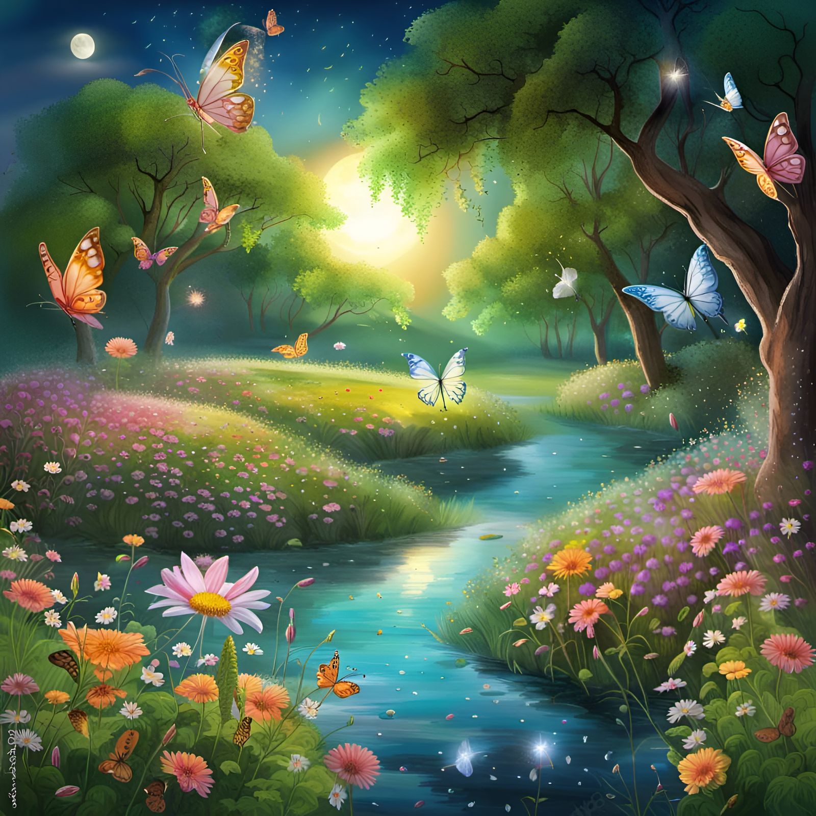 Fairies Dance in Lush Moonlit Flower Meadow
