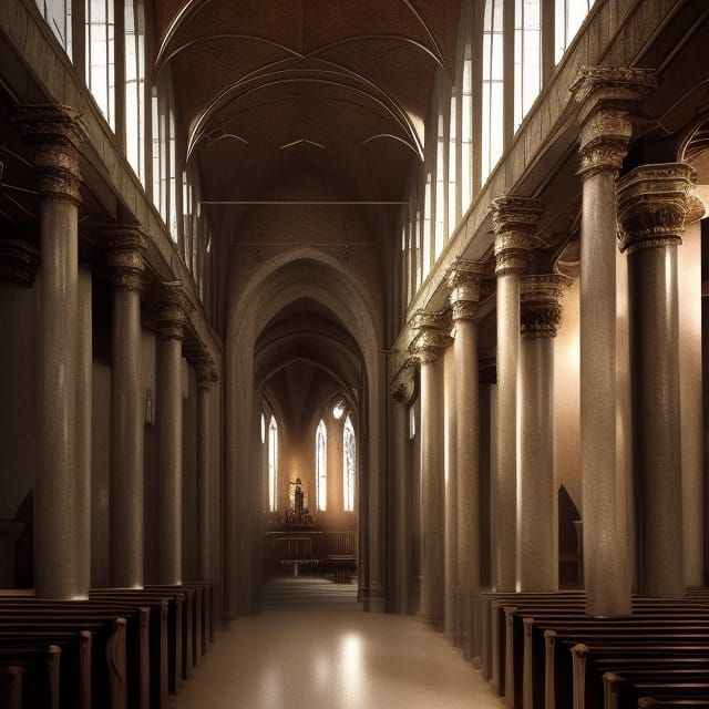 Dramatic Church Hall Corridor in Liminal Space Aesthetic