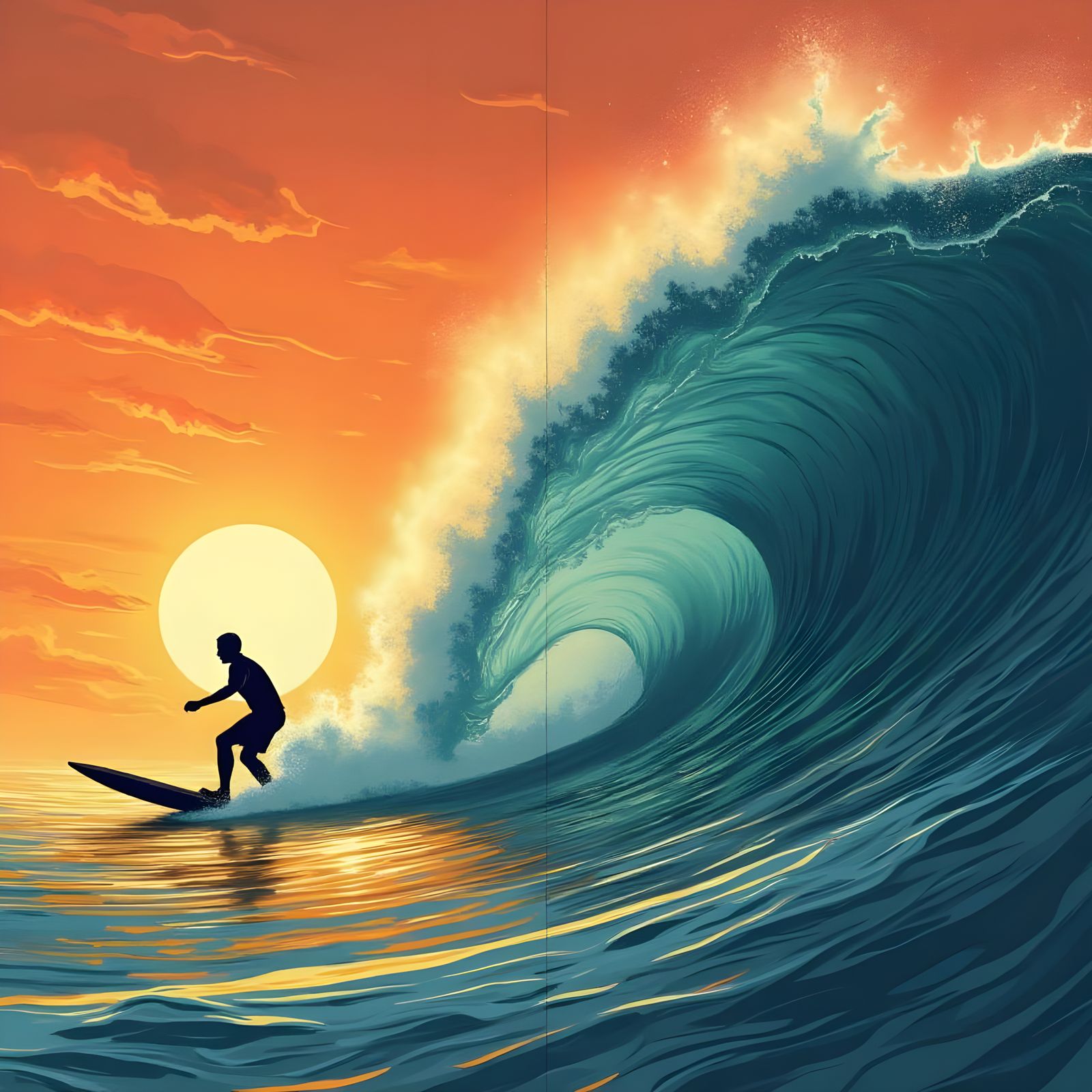 Surfer Rides Translucent Wave at Sunset in Art Deco Style