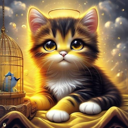 Cozy Cat on Yellow Lounge: Vibrant Oil Painting