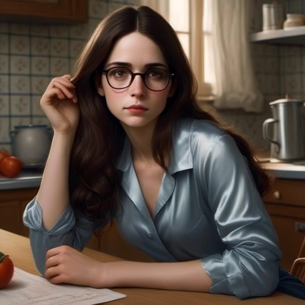 Tired Beauty in Silk Pajamas: A Hyperrealistic Portrait
