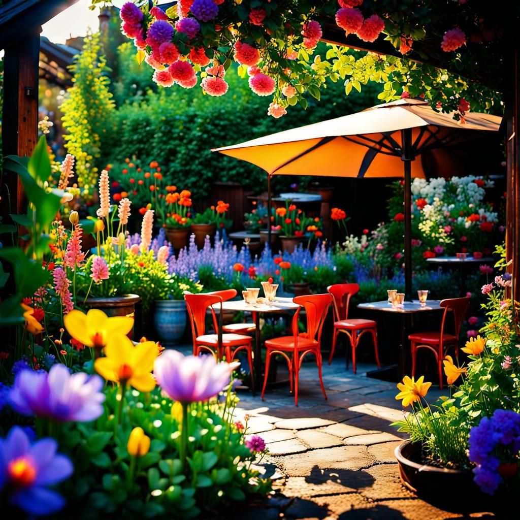 Cozy Cafe in Lush Spring Garden, Detailed Photography