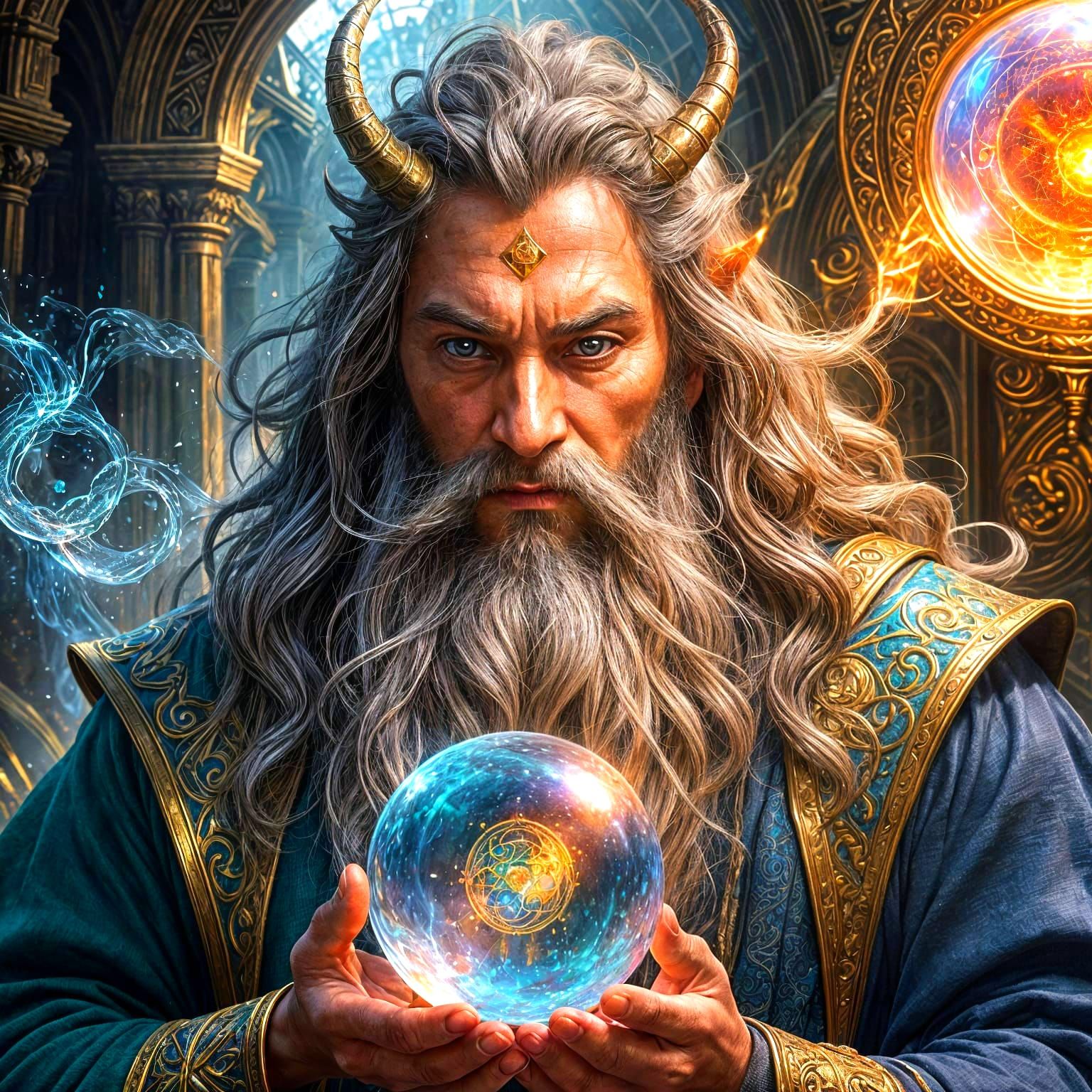 Wizard and Crystal Ball Portrait in Art Nouveau Style