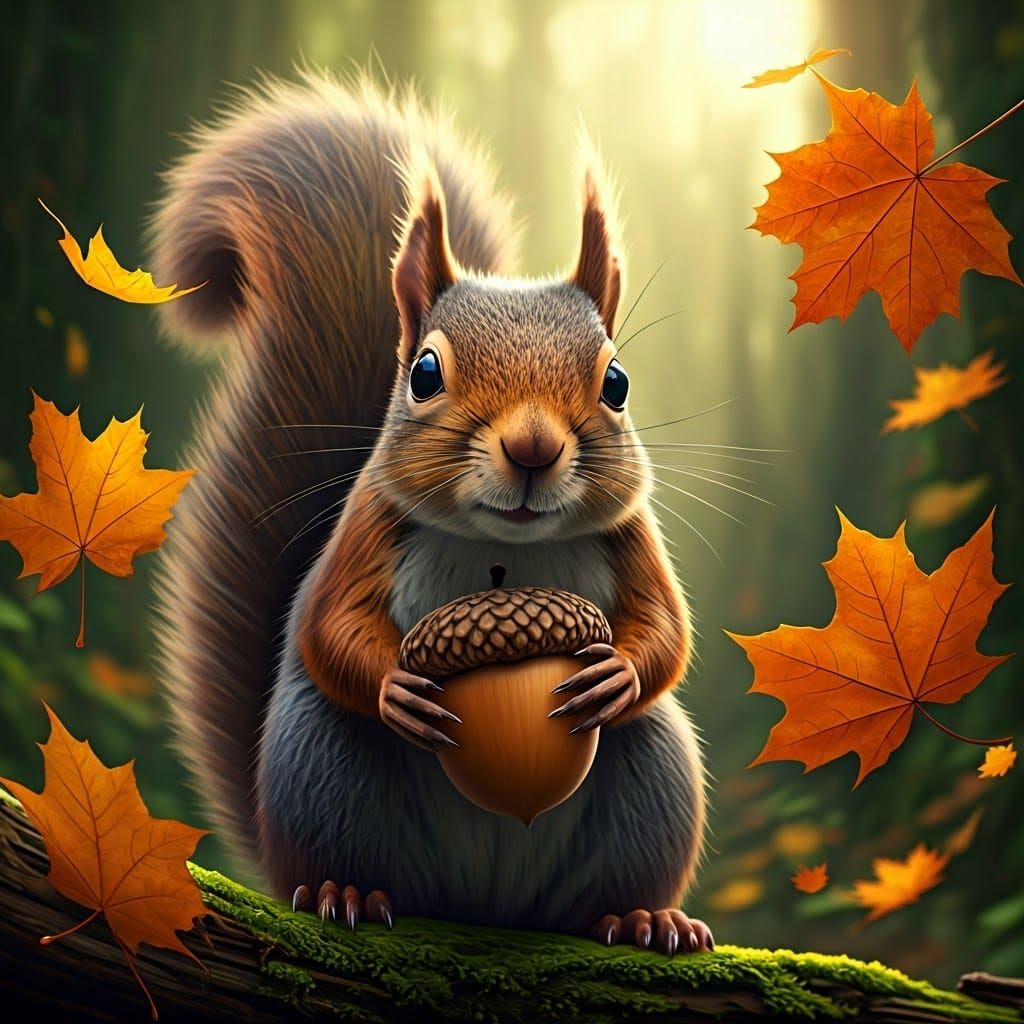 Squirrel with Acorn in Autumnal Forest