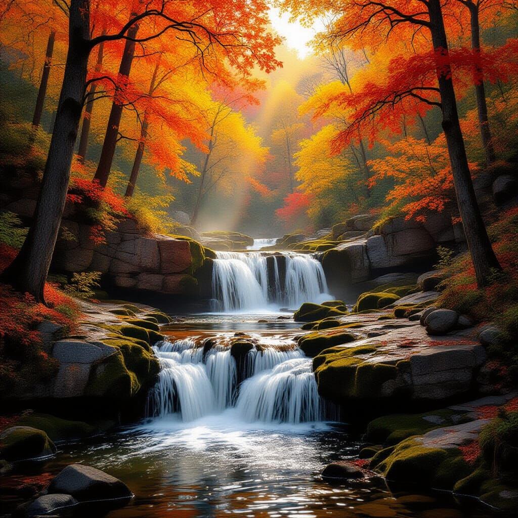 Autumn Waterfall Amidst Fiery Fall Foliage