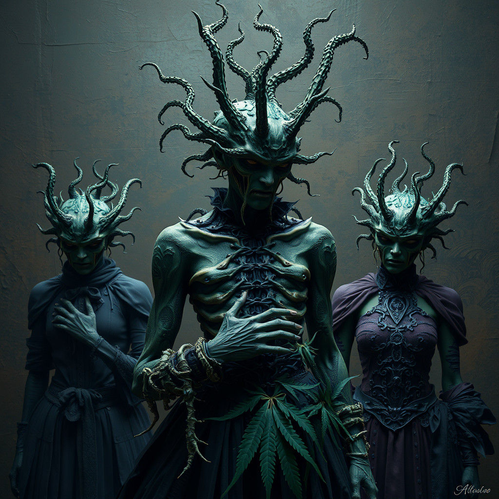 Gothic Human-Cannabis Hybrids in Dark Conceptual Art