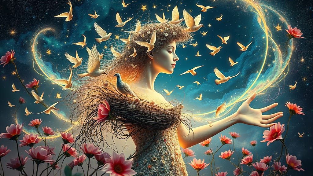 Surreal Fragmented Sculpture: Woman Transforms into Birds