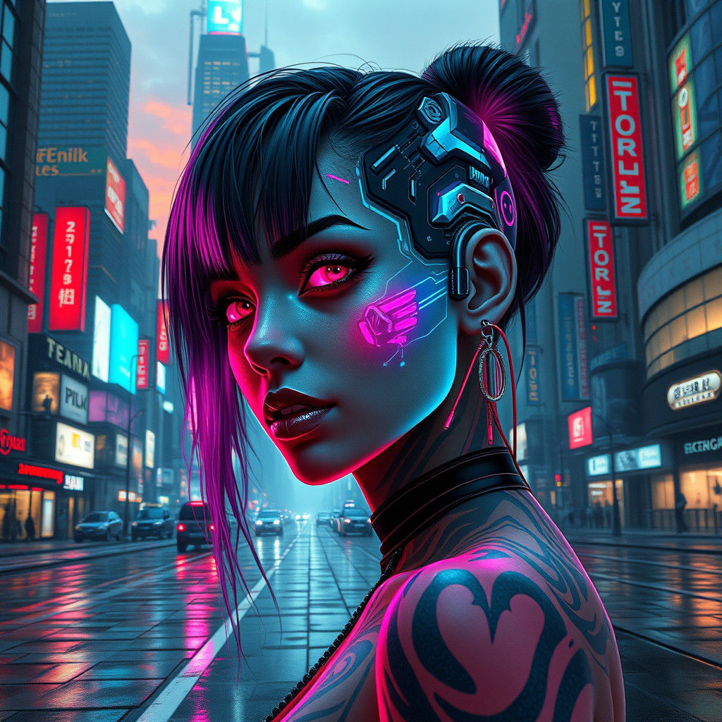Cyberpunk Girl with Neon Tattoos in Dystopian City