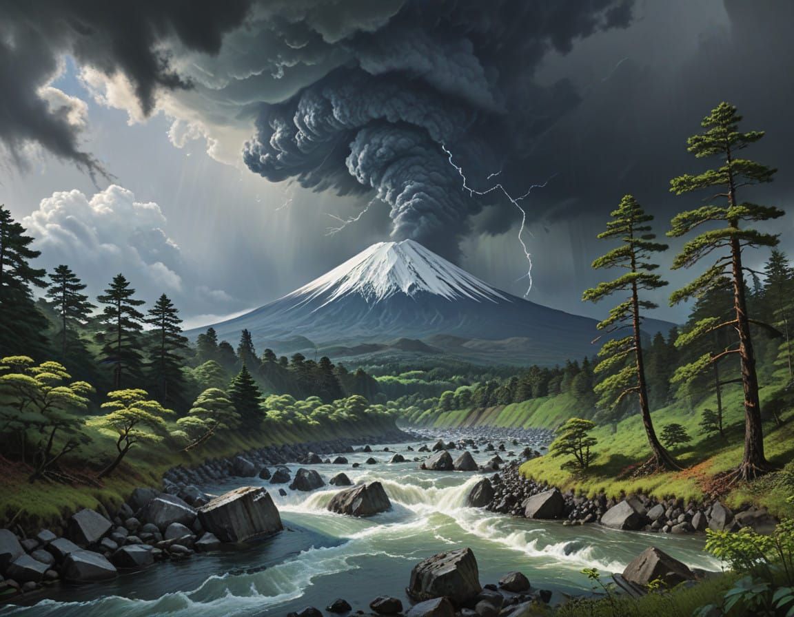 Mount Fuji in a Swirling Storm, Impasto Gouache Painting