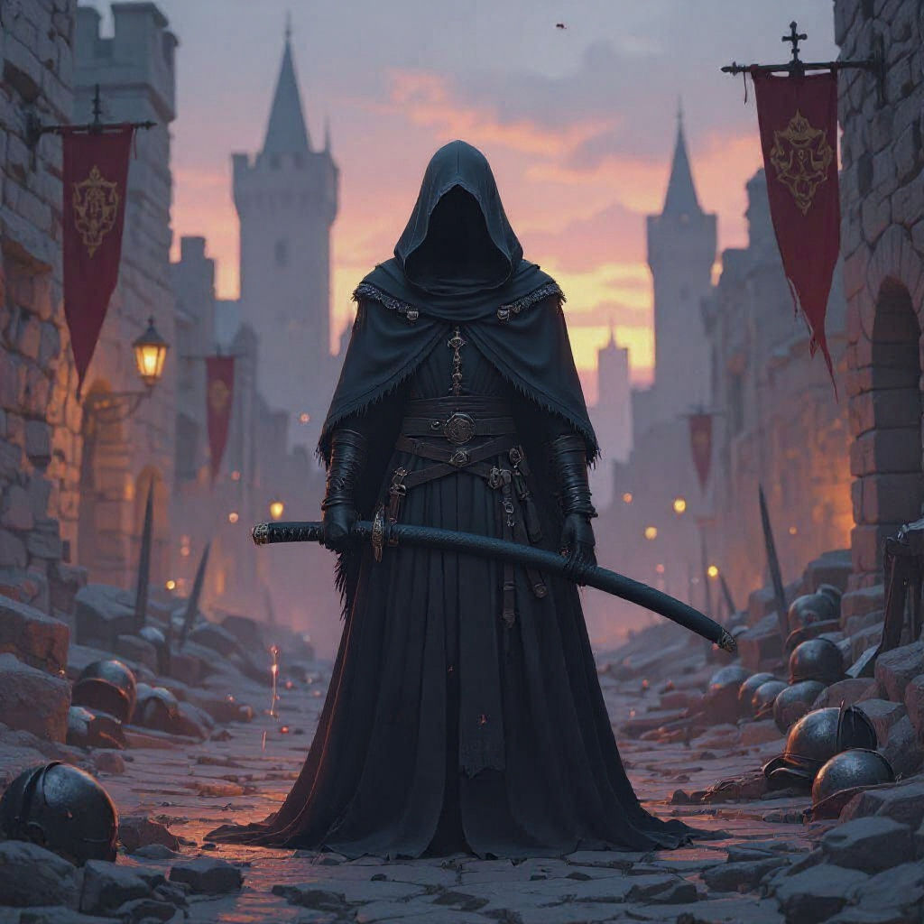 Cloaked Figure in Ruined City at Dusk