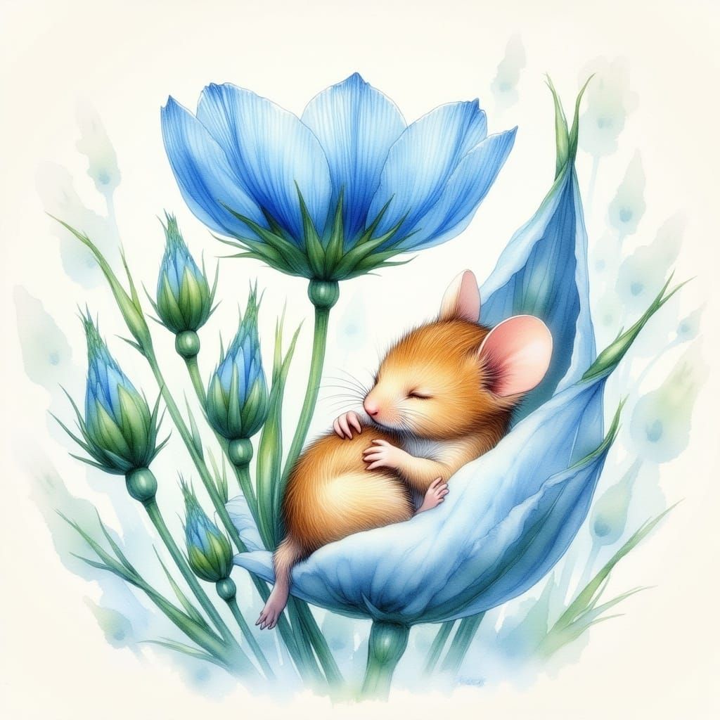 Adorable Mouse Snoozes Among Cornflower Blooms