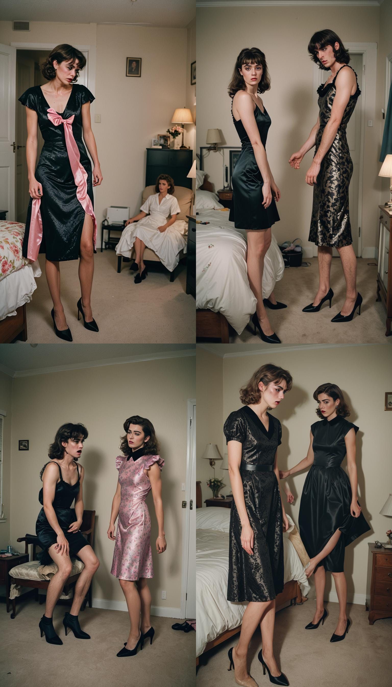 Dramatic Film Still: Young Man Crossdressing in Bedroom