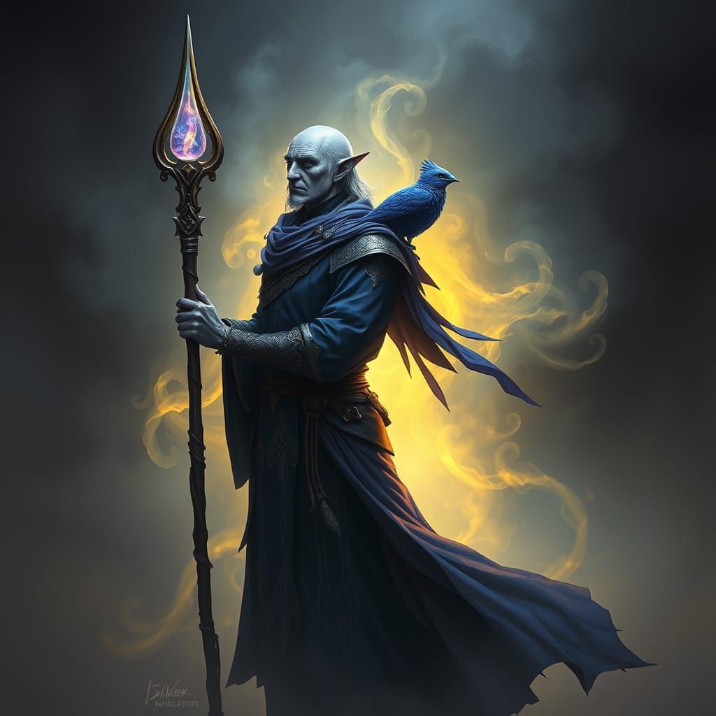 Ethereal Dark Fantasy Elf in Misty Landscape