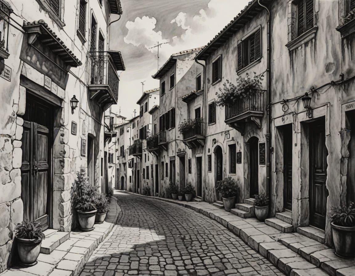 Charcoal Street Scene in a Mediterranean Town