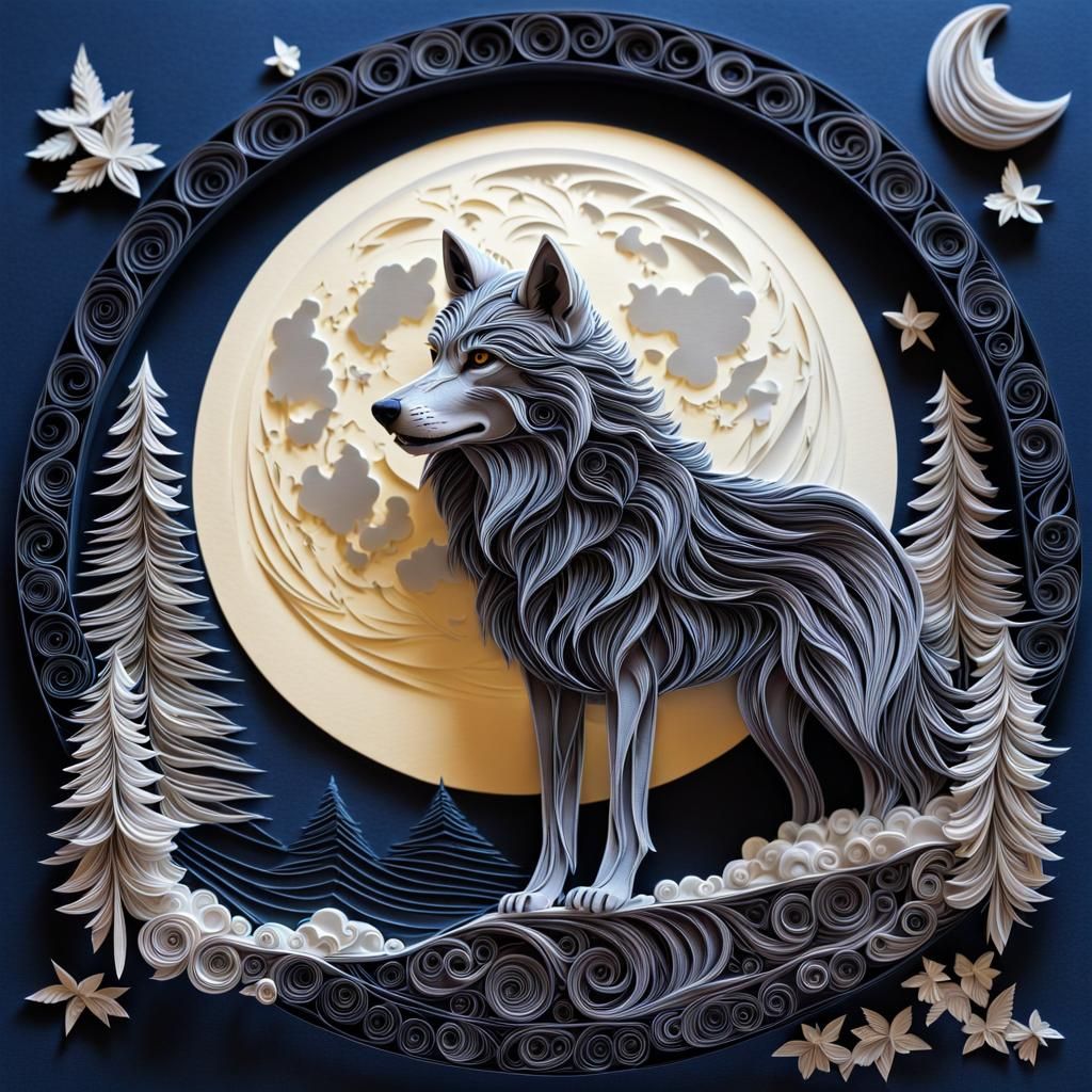 Epic Wolf Howling at Moon in Papercraft Style