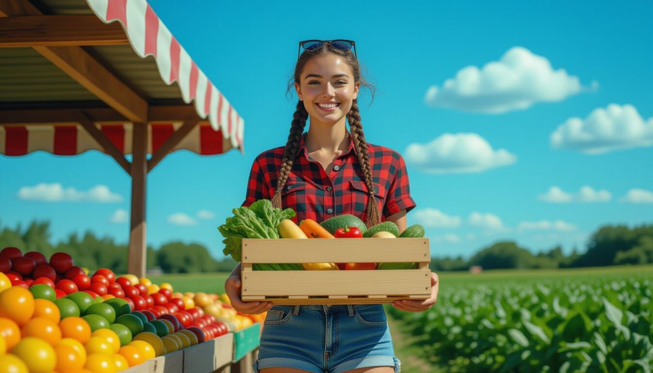 Woman Proudly Displays Vegetables at Farm Stand