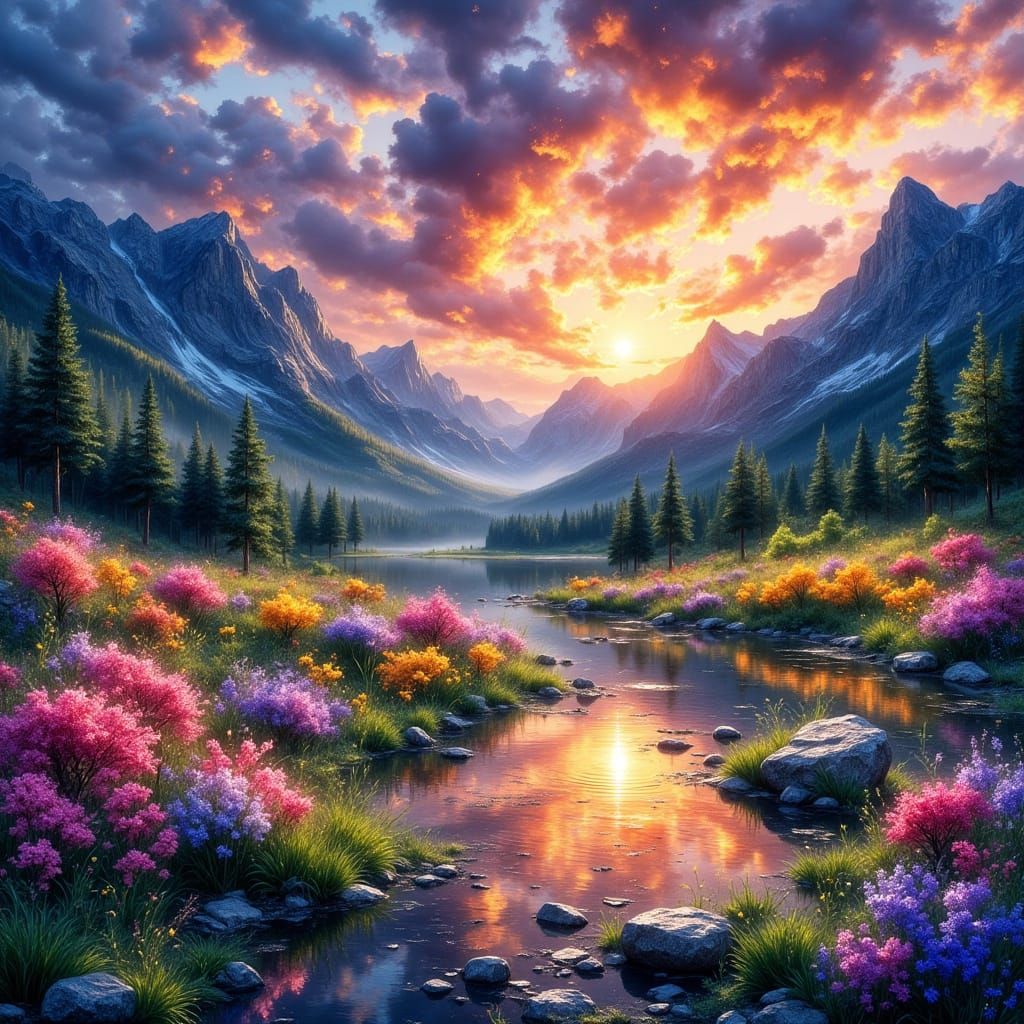 Vibrant Valley Scene at Sunset in Impasto Style