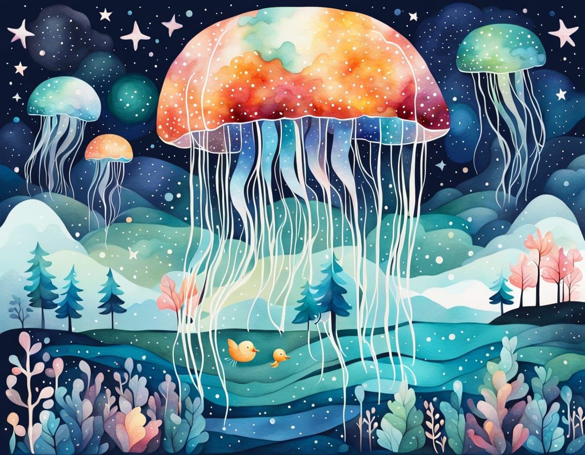 Surreal Jellyfish Landscape: Dreamlike Aquarelle Composition