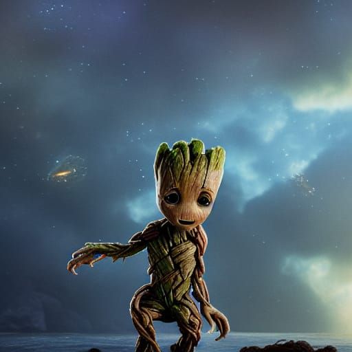 Baby Groot on the Beach: Hyperrealistic Masterpiece