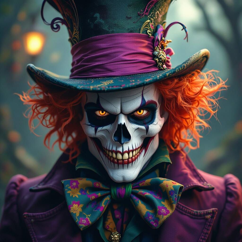 Mad Hatter Magician with Skull Face, Cinematic 8K Art