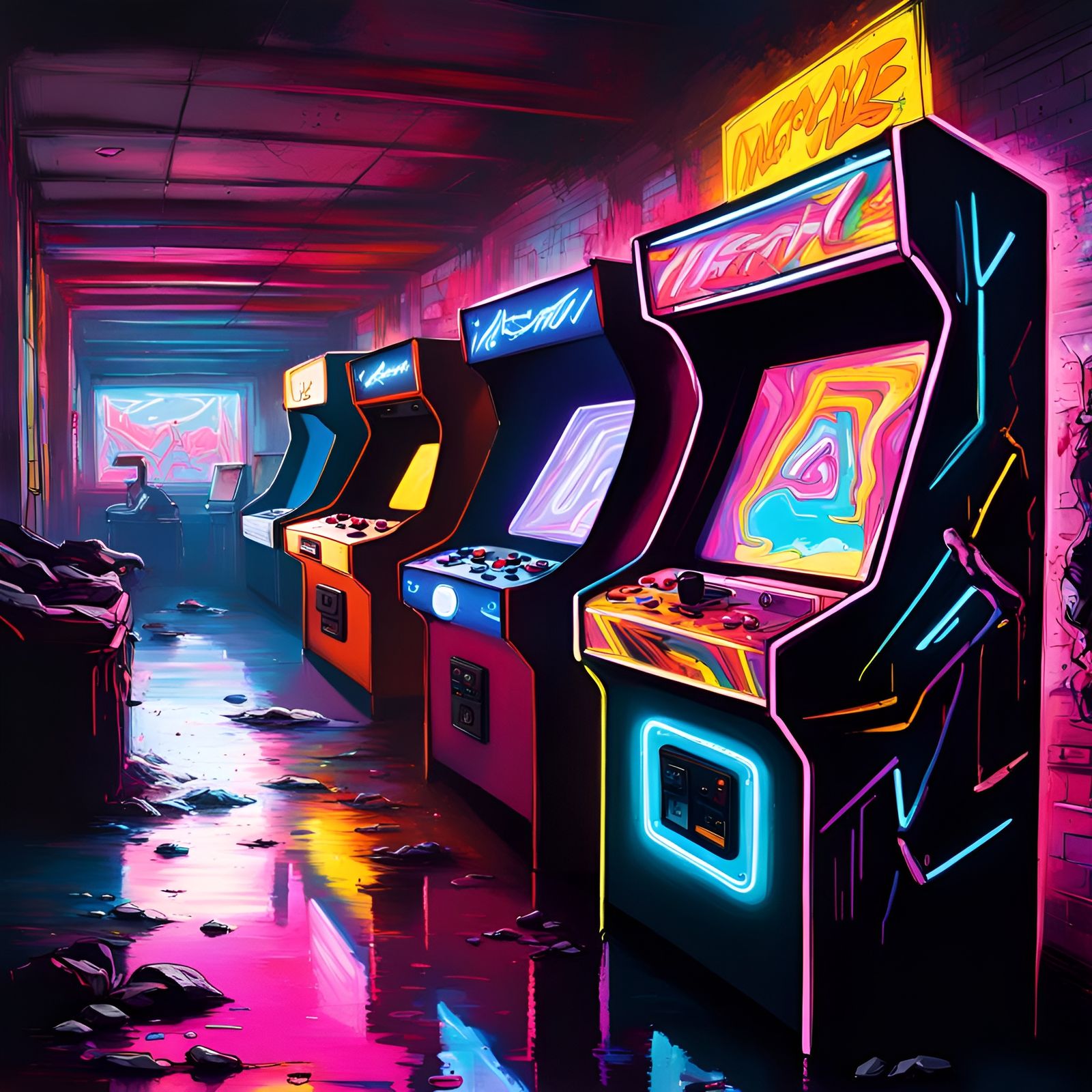 Neon-lit Video Arcade in Graffiti Splash Art Style