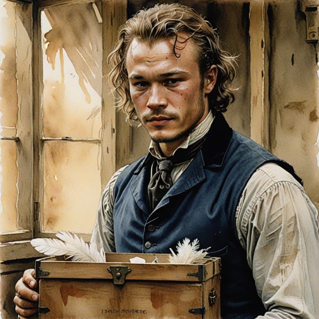 Victorian Gentleman Holds Box of Feathers in Watercolour Sty...