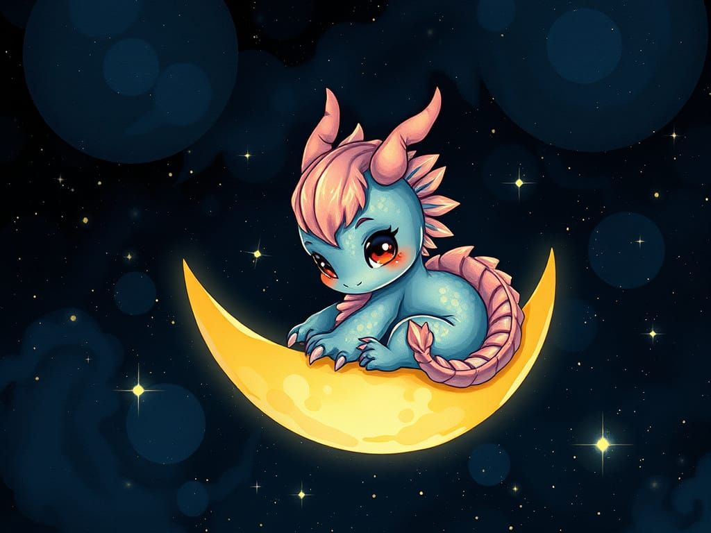Whimsical Chibi Dragon on Crescent Moon