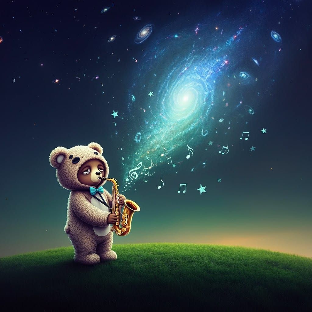 Bear Cub's Galaxy Serenade in Dreamy Magical Realism