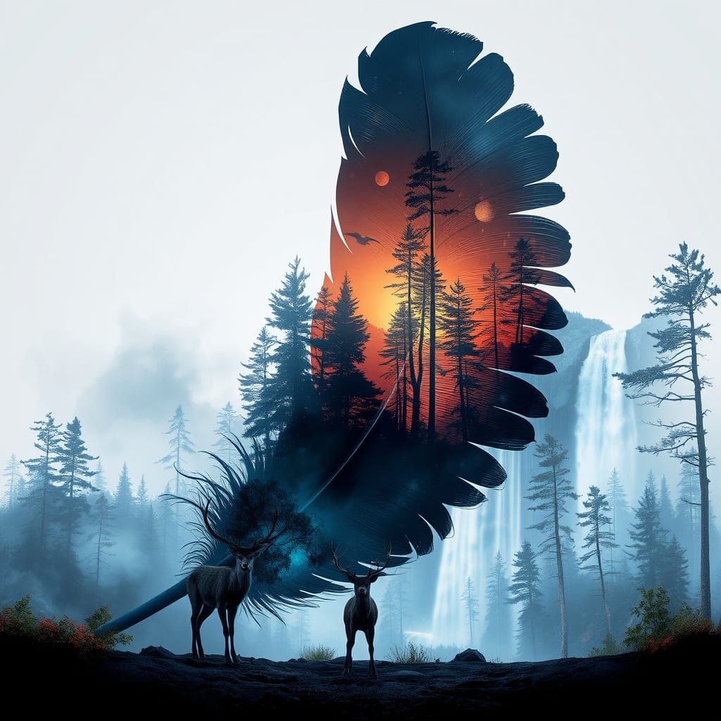 Fantasy Landscape Inside Feather, Double Exposure 3D Render