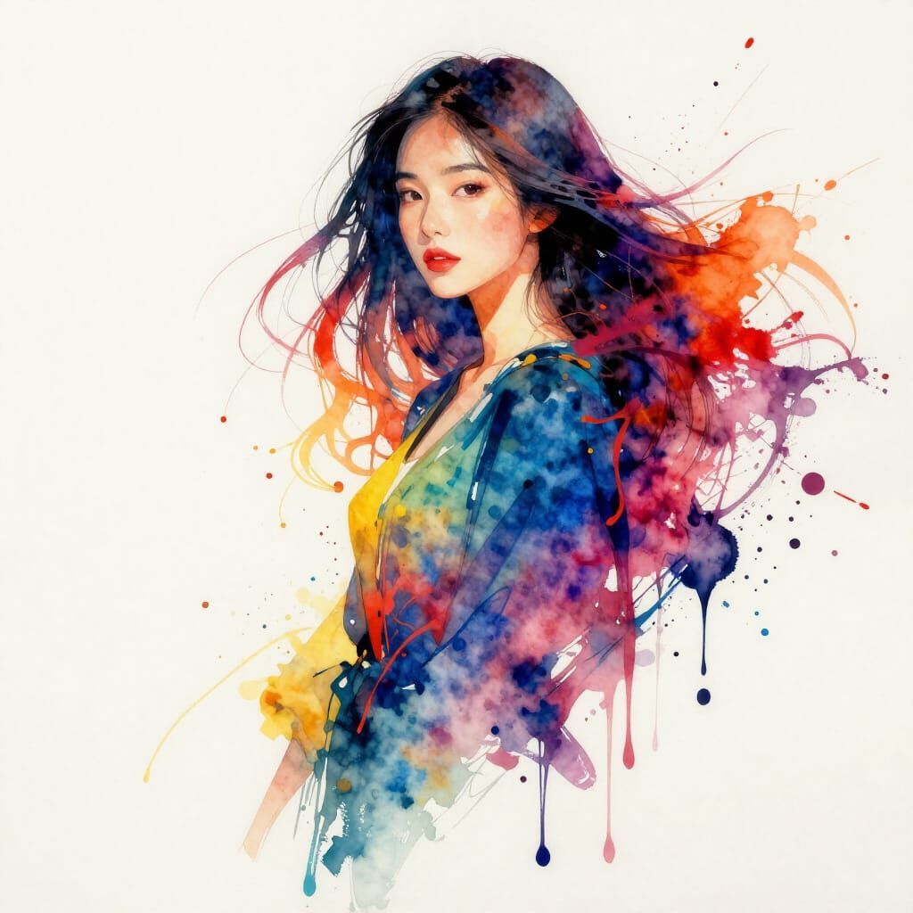Vibrant Watercolor Portrait of Asian Woman with Flowing Hair