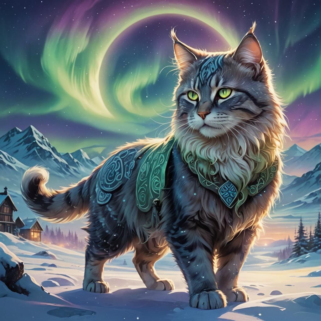 Viking Cat Walks Under Aurora Borealis