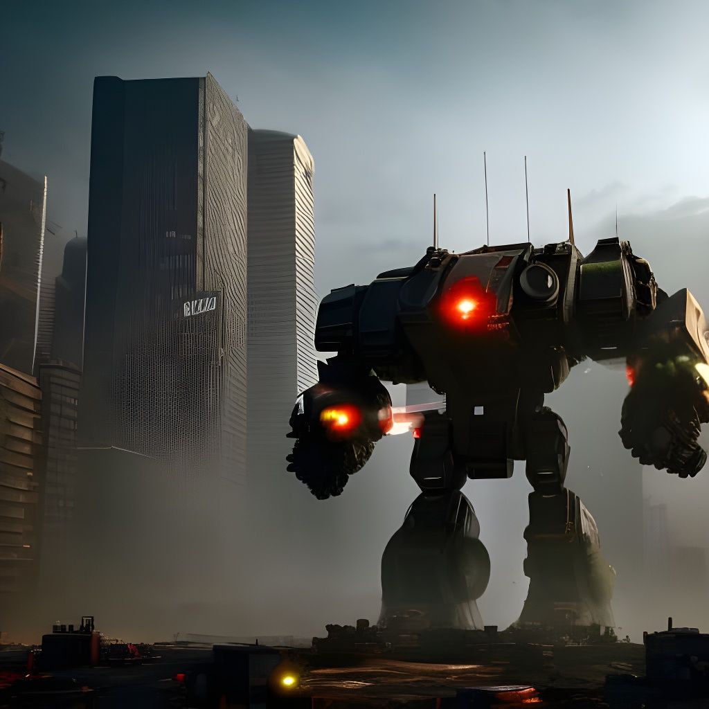 Headless Camo Mech Overlooking Dystopian Cityscape