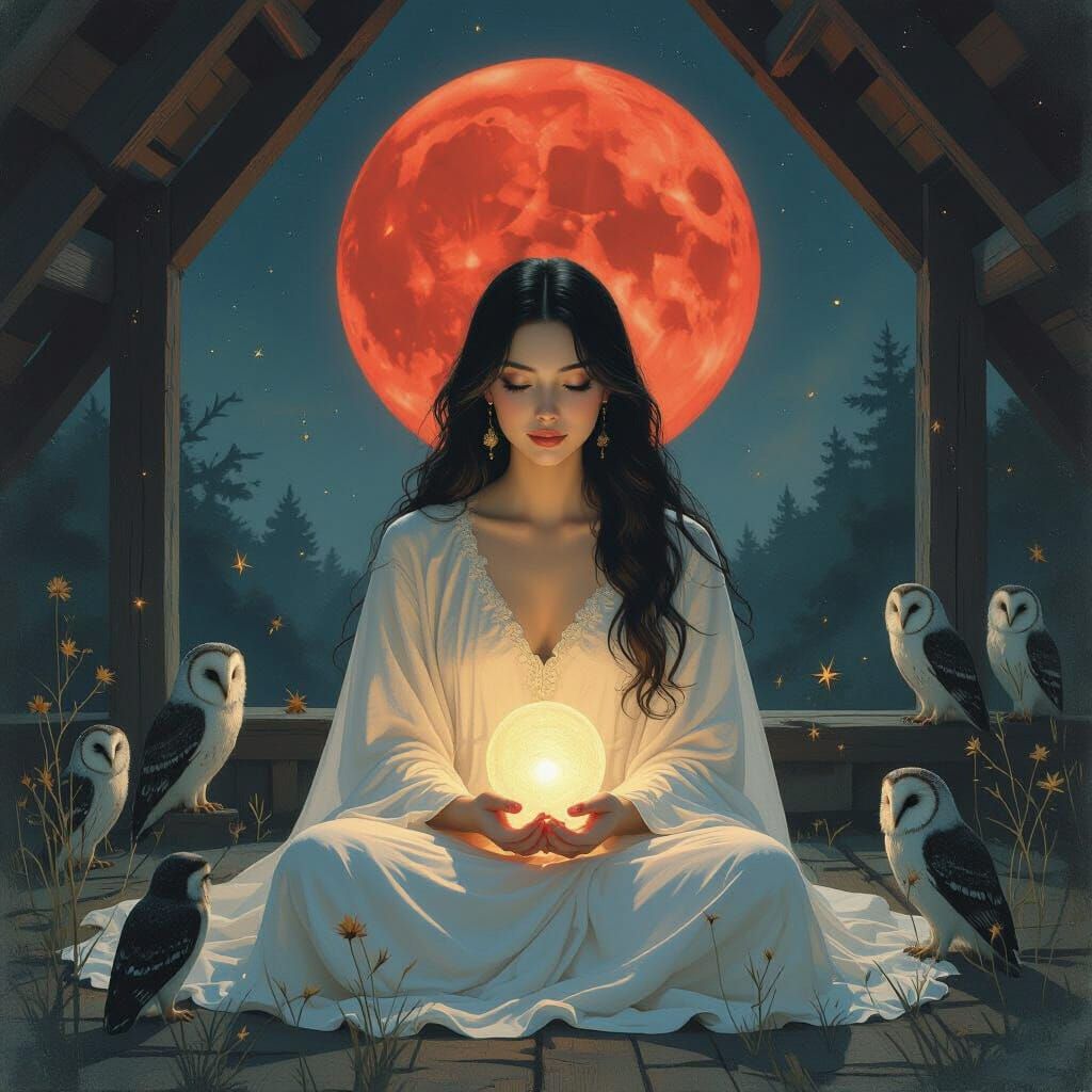 Ethereal Being Born Under Blood Moon in Surreal Style